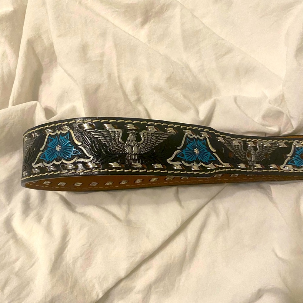 Vintage Mallory leather black and teal belt size 26 inch